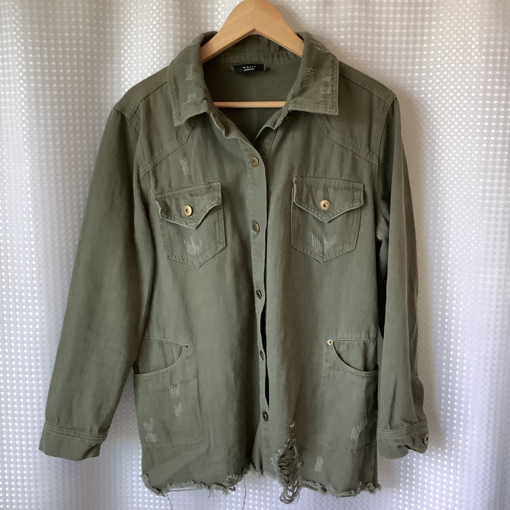 VICI Denim Jacket Womens Sz M Ripped Frayed Olive Green Button Up w/ Pockets